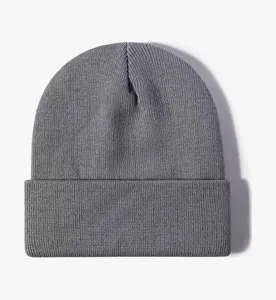 Grey knitted beanie hat detail, casual winter warm wool hat with cuffed brim design.