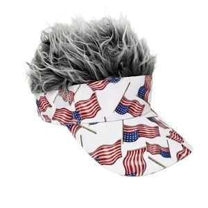 Novelty sun visor hat with grey spike hair, American flag print fashion cap for outdoor party.
