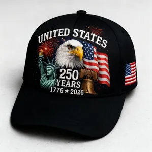 Gorra de béisbol negra con bordado 250 aniversario EE.UU., diseño de águila patriótica.