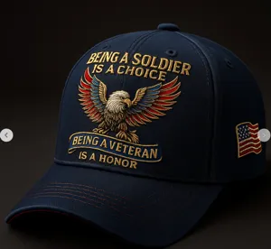Detailed view of the vintage navy blue baseball cap featuring intricate patriotic embroidery.