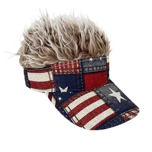 Close-up detail of the funny wig sun visor hat featuring US flag denim print pattern.