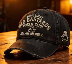 Vintage washed black baseball cap with poker club embroidery, stylish retro outdoor sun hat.