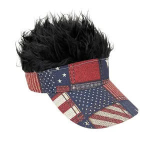Novelty American flag visor hat with fake black hair, funny sun cap for outdoor sports.