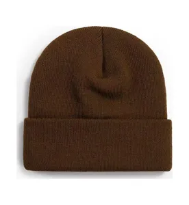 Detailed view of the dark brown knitted beanie showing clear winter warm wool texture.
