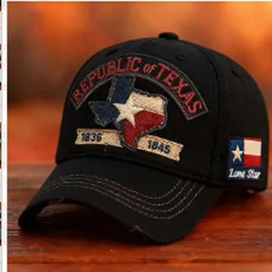 Vista detallada de la gorra de béisbol negra de algodón lavado con bordado de Texas.