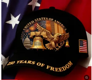US 250th anniversary embroidered baseball cap, vintage style patriotic hat with eagle design.