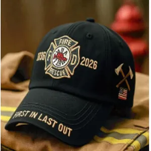 Detailed view of the black embroidered firefighter baseball cap featuring rescue tactical text.