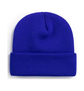 Royal blue cuffed knit beanie, casual winter warm solid color woolen hat detail view.
