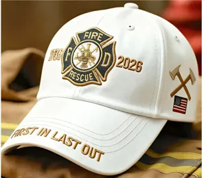 White fire rescue embroidered baseball cap front detail and custom brim text display.