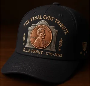 Closeup detail of black vintage baseball cap featuring commemorative embroidered penny design.