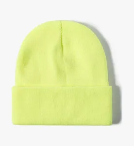 Neon yellow knitted beanie hat with rolled cuff, unisex winter warm solid color cold cap.