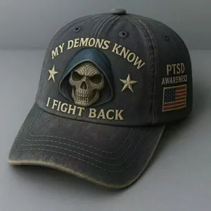 Vintage washed baseball cap with skull embroidery and motivational slogan for outdoor wear.