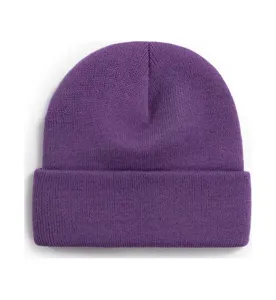 Close-up detail of the purple knitted beanie, showing soft texture and folded cuff design.
