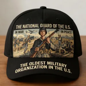 Vintage military style black baseball cap with National Guard graphic print for outdoor sun.
