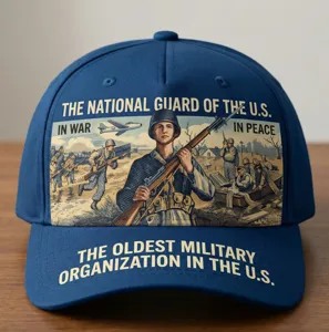 Vintage blue baseball cap featuring military graphic print and slogan, casual outdoor sun hat.