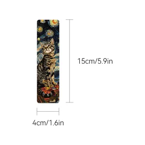 Detailed view of a vintage oil painting style cat paper bookmark with starry night art design.
