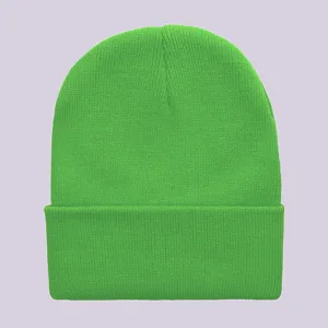 Solid color knit beanie cuffed winter warm skull cap casual unisex green wool hat