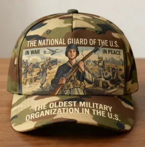 Detail view of vintage camouflage baseball cap featuring US National Guard military graphic print.