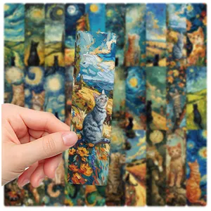 Set of 30 oil painting style cat bookmarks, artistic starry night paper reading markers for books