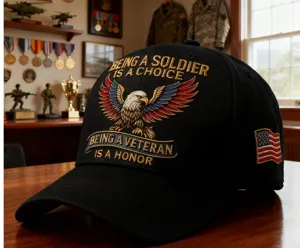 Detailed view of black vintage baseball cap featuring embroidered American eagle and veteran text.