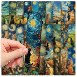Set of 30 oil painting style cat bookmarks, artistic starry night reading paper stationery
