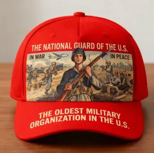 Detailed view of the vintage red baseball cap featuring military graphic and patriotic print.