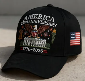 Close-up detail of vintage black baseball cap with American 250th anniversary embroidery.