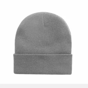 Plain knit beanie detail view, comfortable cuffed winter hat for men and women daily warm wear.