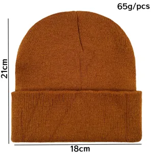Solid color knitted beanie winter warm cuff cap casual stylish brown wool hat for men and women
