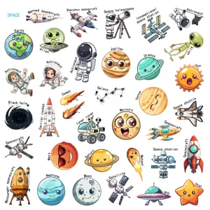 Detailed view of colorful cartoon space stickers featuring cute planets, rockets and astronauts.