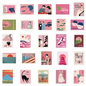 50pcs pink Japanese retro aesthetic stickers for phone case and journal DIY decoration.
