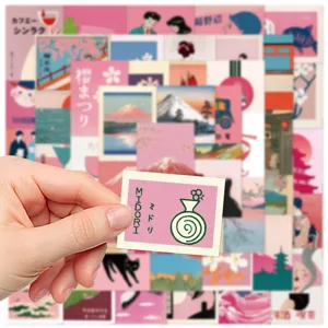 Set of 50 pink Japanese vintage aesthetic stickers for phone case and journal DIY decoration.