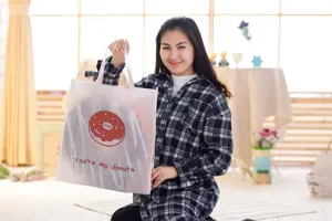 Detailed view of the creative donut printed tote bag and plush cushion, soft and stylish.