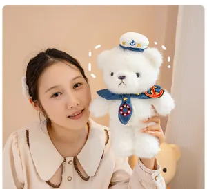 Cute sailor plush bear toy with soft white fur and adorable naval hat for kids sleeping companions.