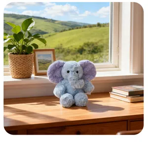 Détail de la peluche éléphant bleu mignon avec texture douce et floue assise sur le bureau.