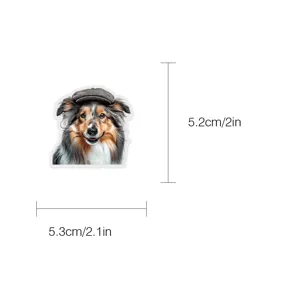 Close-up detail of the cute dog sticker with clear dimension marks, transparent PET material.