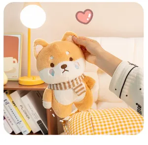 Cute Shiba Inu plush toy with striped scarf, soft stuffed puppy doll for kids room decor.