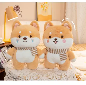 Cute Shiba Inu plush toy with striped scarf, soft stuffed animal pillow for kids and gift cozy room.