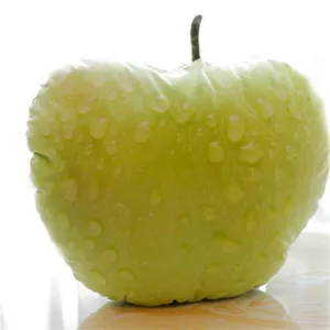 Dettaglio del cuscino in peluche a forma di mela verde 3D, morbida decorazione.