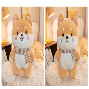 Cute Shiba Inu plush toy with striped scarf, soft stuffed animal doll for kids gift