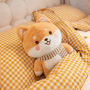 Cute Shiba Inu plush toy with a cozy striped scarf, soft stuffed animal pillow for kids gift.