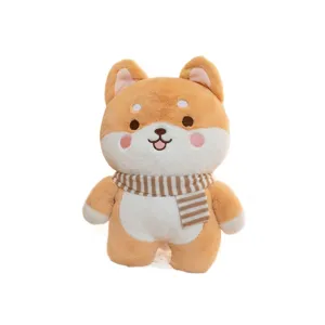Cute Shiba Inu plush toy with striped scarf soft stuffed animal doll pillow for kids gift.