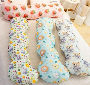 Cool ice silk long body pillow for side sleeping, cute cartoon print curved cushion for girls.