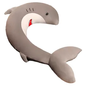 Cute long shark plush body pillow for sleeping, soft bed hugging doll and cozy back cushion gift.