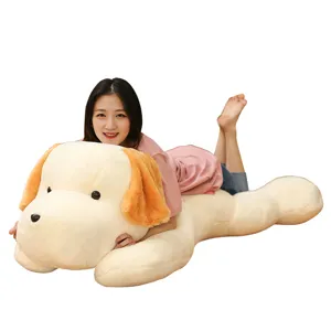 Large cute sleeping dog plush toy body pillow, soft stuffed cartoon puppy doll for girls.