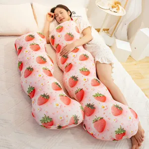Ice silk long body pillow for sleeping, cute strawberry print curved hugging pillow for bed.