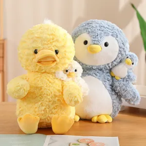 Cute mother and child duck and penguin plush toys, soft stuffed animal dolls for kids.