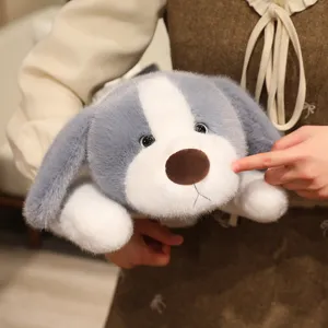 Cute gray white floppy plush dog toy main view, soft stuffed puppy toy for kids gift.