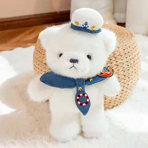 Cute white plush teddy bear toy with sailor hat, soft stuffed animal for kids and baby sleeping.
