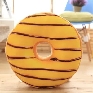 Soft plush donut pillow with chocolate stripes, ideal for home decoration and cozy nap time.